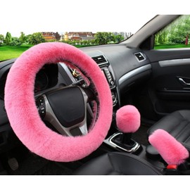 3Pcs Fluffy Steering Wheel Cover for Women, Pink Fluffy Car Accessories Set with Soft Handbrake Cover & Gear Shift Cover, Universal 14.5-15" Steering Wheel Protector Fit for Most Cars
