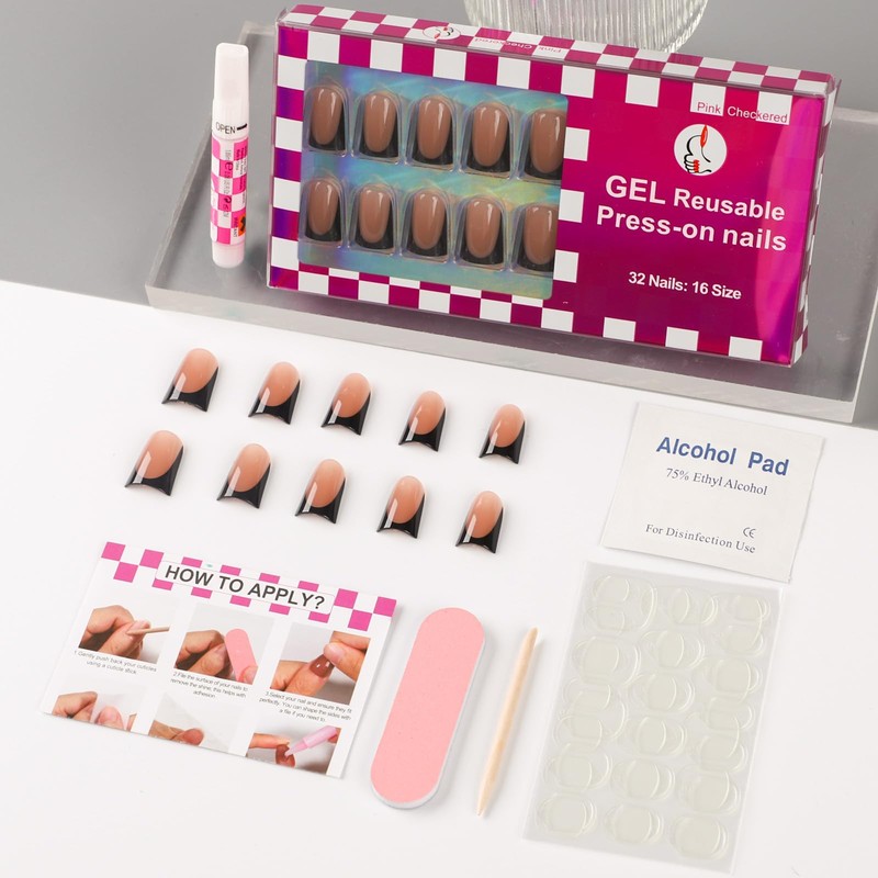 16 Sizes Mocha Black French Short Duck Nails Press on,