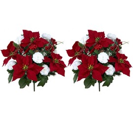 Admired By Nature 18 Stems Artificial Poinsettia Bouquet Fake Christmas Flower, Faux Velvet Poinsettia Carnation Christmas Bush For Home Decor, Holiday Bush, Indoor Floral, Cemetery Flowers, White/Red