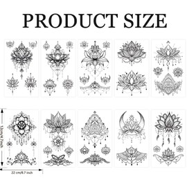 Qpout 10 Sheets Black Temporary Tattoos, Waterproof Fake Tattoo Kits for Women Girls, Lotus Mandala Flower Tattoo Stickers Neck Chest Arm