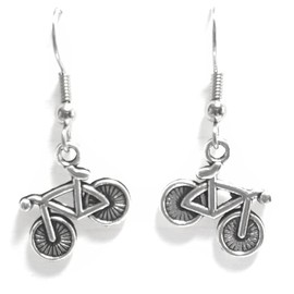 Bicycle - 14x16mm - Silver alloy charm dangle earrings. Hypoallergenic Stainless-Steel Fishhook or Silver Plated Ball-Post, or Clip-on Earrings Opt.