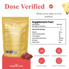 Noble Leaf Lion's Mane Mushroom Gummies for Focus and Energy - Focus Gummies for Adults with American Ginseng & B12 for Clarity & Natural Energy, Gluten Free, Fruit Punch Flavor, 7 Count