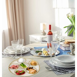 Round Glass Seder Tray with 6 Removable Bowls - Clear with Gold Beaded Trim - Passover Holiday Kaarah Pesach Dinner Plate 11"