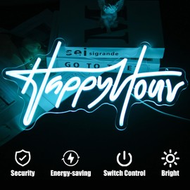 Happy Hour Neon Sign Blue Letter LED Neon Lights Dimmable Neon Bar Sign Words Neon Light Up Sign for Bar Pub Restaurant Hotel Man Cave Party USB Powered Wall Art