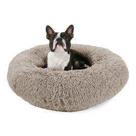 Arlee Donut Round Pet Dog Bed - Memory Foam - Calming Reduce Anxiety - Shaggy Vegan Fur - Assembled USA, Taupe