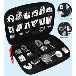 Electronics Organizer Travel Case – Portable Waterproof Tech Accessory Bag for Cables, Chargers, Watch Straps & Gadgets with Zipper, Hanging Strap & Elastic Compartments for Travel, Office, Daily Use