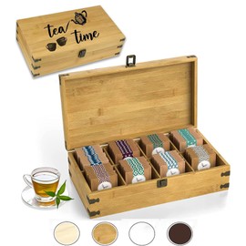 Zen Earth Inspired Bamboo Tea Organizer Box Chemical Free Eco-Friendly Big, Tall, Adjustable Cubbies Natural Wooden Storage Chest (8-Slot 14.3" x 8.1" x 4.2" with Tea Time design)