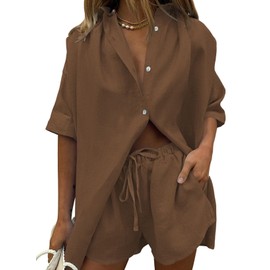 Fixmatti Women 2 Piece Outfit Summer Short Sleeve Top and Shorts Sweatsuit Set, Z-coffee, Small