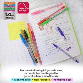 BAZIC Ballpoint Pen 10 Pure Neon Color Stick Pens, 1.0 mm Bold Point Smooth Writing, for Office School Teacher (10/Pack), 24-Pack