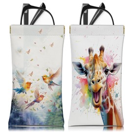 BHAHB 2 PCS Glasses Eyeglass Sunglasses Case Pouch Soft PU Leather Cute Aesthetic with Cleaning Cloth for Boys Men Man-Bird Giraffe