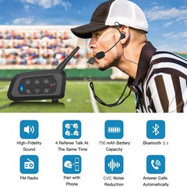 EJEAS V4C Plus Professional Football Referee Intercom, Bluetooth 5.1 Referee Headset with Noise Reduction/Waterproof/FM Radio/Armband for 4 Referees Group Communication (1PC)