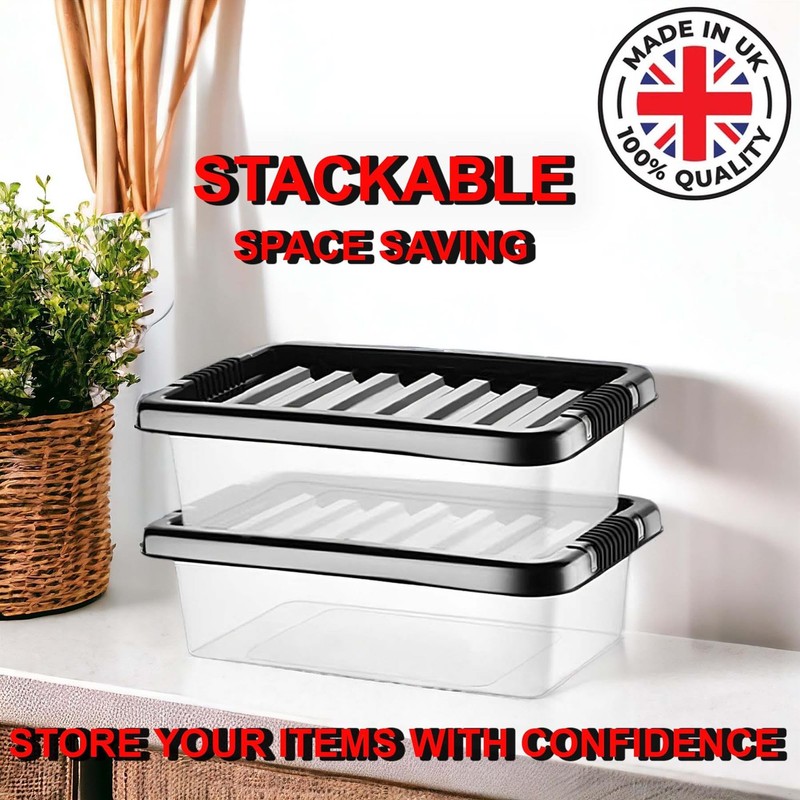 Buystarget 2X 6L Storage Boxes with Black Lids Clear Plastic