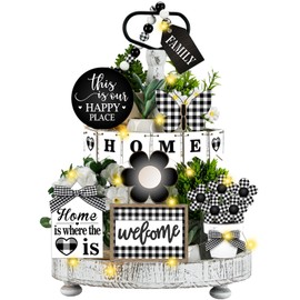 FairySandy 11 Pcs Spring Tiered Tray Decor Set Home Sign Rustic Black & White Plaid Wooden Table Decor Farmhouse Vintage Wood Tiered Tray Decorations for Kitchen Shelf