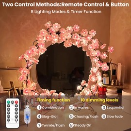Cherry Blossom Tree Branch Lights for Wall,Cherry Enchanted Willow Vine Lights,with 48 LED and 8 Lighting Modes,Remote Timer,for Bedroom Wall Doors Windows Wedding Christmas Holiday (47inch)