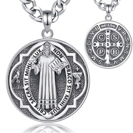 INFUSEU Saint Benedict Necklace, 925 Sterling Silver St Benedict Medal Pendant Christian Religious Protection Divine Spiritual Protection Dual Wear Jewelry Amulet Gifts for Men Women