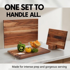 Cokka Praca Acacia Wood Cutting Board Set with Stand | 3 Pcs Knife-Friendly Non-Slip Wooden Cutting Boards for Kitchen | 0.7″Thick Butcher Block | Large Solid Chopping Boards with Juice Groove