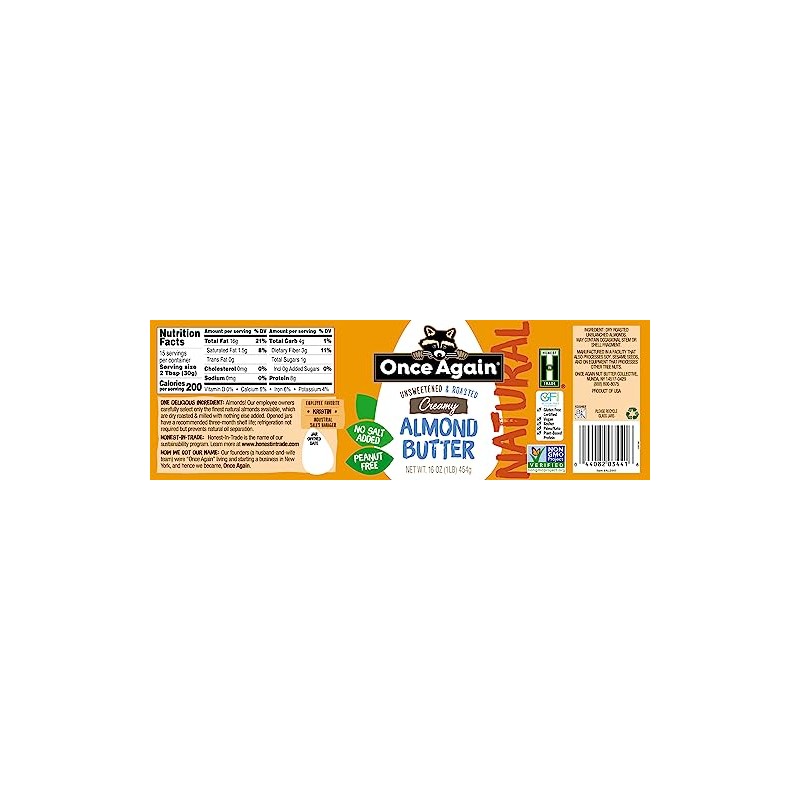 Once Again Natural Creamy Roasted Almond Butter, Unsweetened and Salt-Free