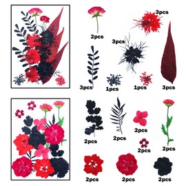 Cayway 64 PCS Dried Pressed Flowers for Resin, Red and Black Real Pressed Flowers, Dry Leaves Natural Dried Pressed Leaves for Christmas Art Crafts Resin Scrapbook (Red-Black-3)