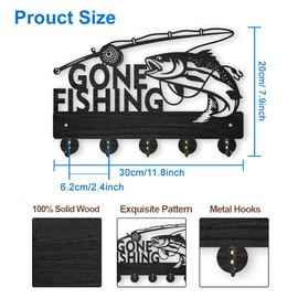 MAYJOYDIY Wooden Gone Fishing Key Holder for Wall 30 x 20 cm Fish Key Holder Organiser for Wall Mounting 5 Metal Hooks Wall Art Decorative Black Key Hanger for Entrance Area