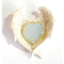Reiki Healing Energy Charged Small Opalite Crystal Heart (2.5 cm) in White Angel Wings Dish
