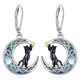 Eusense Black Cat Moon Earrings 925 Sterling Silver Cat Earrings Moonstone Dangle Drop Earrings Jewellery Gift for Cat Lovers Women Girls, Sterling Silver