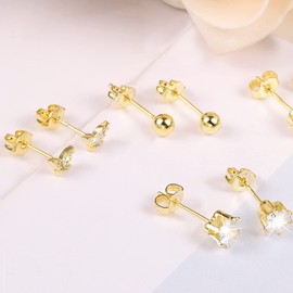 6 Pairs Cubic Zirconia Stud Earrings Set for Women 14K Gold Plated 925 Sterling Silver CZ Diamond Stud Earrings Hypoallergenic Stud Earrings(6 Styles/4mm-7mm)