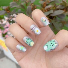 30 PCS Press on Nails Cute Little Dinosaur Fake Nails Cat Eye Fake Nails Short Fake Nails Gifts for Women and Girls (No.20)