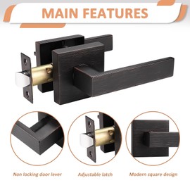 Probrico 3 Pack Heavy Duty Passage Door Lever for Closets and Hallway, Moden Square Keyless Door Handle Set with Oil Rubbed Bronze Finish, Non-Locking Interior Door Knobs