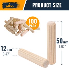 ALBO Wooden Dowel Pins 12mm x 50mm / 15/32" x 1.97 Inch Fluted Wood Dowels Rods 100 Pack Hardwood Crafts Dowel Pegs