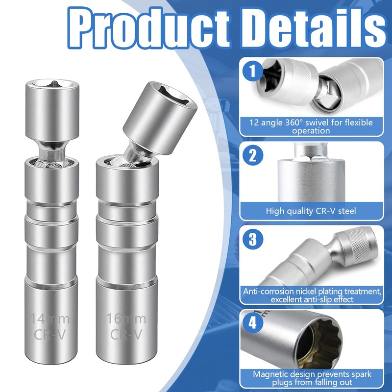 Spark Plug Socket Removal Tool, 14mm & 16mm 360 Degree