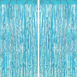 TOTAFAM Light Blue Fringe Curtain Party Decorations 2 Pack, Large Foil Fringe Backdrop Curtains Door Streamers for Birthday Wedding Bridal Shower Holiday Party Decor