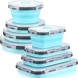 Zopeal 8 Pcs Collapsible Food Storage Containers Foldable Silicone Lunch Containers with Lids 4 Silicone Rectangle Collapsible Bowls and 4 Round Food Bowls Microwave Freezer Dishwasher Safe (Blue)