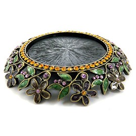 Mi Amore Round Candle Holder with Filigree Floral Designs and Purple and Yellow Rhinestone Accents CH2