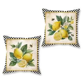 HOMFREEST Summer Pillow Covers 18x18 Inch Set of 2 Lemon Decorative Black Plaid Throw Pillows Outdoor Porch Cushion Cases for Sofa Couch