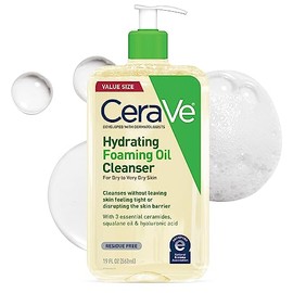 CeraVe Limpiador hidratante de aceite espumoso, limpiador de aceite hidratante para cara y cuerpo, aceite de escualano + ácido hialurónico + ceramidas, para piel seca a muy seca, sin fragancia y sin