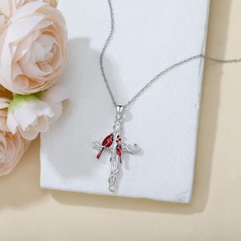 RMREWY 925 Sterling Silver Cross Red Cardinal Necklace Lucky Red Bird Pendant Memorial for Lover Women