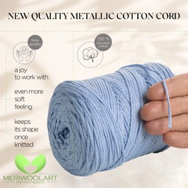 MeriWoolArt® Macrame Yarn Baby Blue 2 mm x 250 m Cotton Cord, Recycled Soft Cotton Yarn for Knitting Plant Hangers, Jewellery Making, Crochet Bags