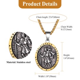 Flongo Saint Christopher Necklace for Men: Cross Saint Christopher Locket Black Gold Pendant Saint Anthony Symbol Travel Protection Catholic Religious Chain Lucky Charm Protection Amulet