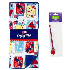 Seasonal Kitchen Dish Drying Mat: Fun Patriotic Flags Stars and Stripes (Mason Jar)