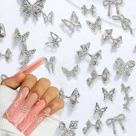 NEWSPIED Silver Bow Nail Charms 32Pcs 3D Alloy Bow Charms for Nails Decoration Mini Butterfly Nail Rhinestone and Gems Sparkling Metal Design Bowknot Nail Art Charms DIY Acrylic Nail Supply Decoration