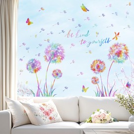 Colorful Flower Window Decals Double-Sided Dandelion Flower Sticker for Glass Window Positive Windows Vinyl Clings Self Adhesive Anti Collision Floral Butterfly Stickers for Bedroom Living Room