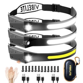 VIBELITE 3PCS Rechargeable Headlamp Flashlight USB C, 230°Wide Beam Headlight with Motion Sensor, Waterproof Head Light,5Mode Headlamps for Camping, Runing, Hiking, Fishing