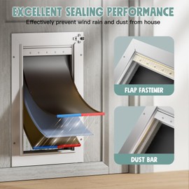 Dog Door For Door All Aluminum 3 Flaps, Medium Doggy Doggie Door, Cat Door White, Heavy Duty Pet Door for Dogs Cats, With Insulation Flap and Lockable Closing Panel, Telescoping Tunnel, Pet Up to 45lb
