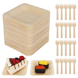 CONLI 100 PCS Disposable Square Wood Bowls Palm Leaf Bowls with Bamboo Forks, Bamboo Plates Disposable Square Wood Plates with Wooden Forks for Catering Wedding Home Party