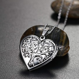 Cupimatch Heart Locket for Opening Pictures Photo Pendant with Engraving Love You Tree of Life Chain Women's Amulet Necklace Stainless Steel Hinged with 45 cm Chain, Stainless Steel