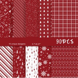 MIAHART 90 Sheets Merry Christmas Pattern Paper Set 10 Designs A5 Size Festival Decorative Craft Paper for Card Making Scrapbook (Red & White, A5-90)