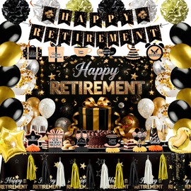 Retirement Party Decorations for Women Black and Gold Happy Retirement Decorations Set with Backdrop Banner Balloons Tablecloth Honeycomb Centerpieces Hanging Swirls Office Retired Farewell Decor Supplies