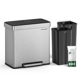 SONGMICS SONGMICS Kitchen Trash Can, 16 Gallons (2 x 8 Gallons) Dual Compartment Garbage Can, 60L Pedal Recycling Bin, Stay-Open Lid and Soft Closure, Stainless Steel, 15 Bags Included, Silver ULTB202E01