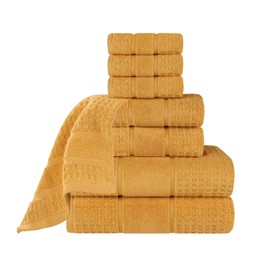Superior Cotton 8-Piece Towel Set, Zero Twist, Waffle Border, Bathroom Essentials, Shower, Spa, Luxury Plush Soft Absorbent Towels, Includes 2 Bath, 2 Hand, 4 Washcloth/Face Towels, Gold
