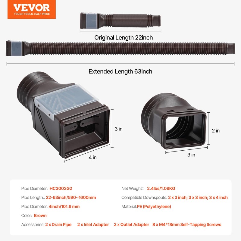 VEVOR HC3003G2 Rain 2-Pack Flexible Downspout, Spout Drain Extendable from